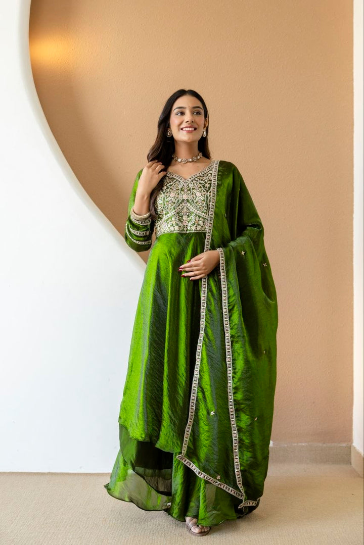 Mahendi color Fandy Silk And Embroidery Coding & Sequence Work Gown