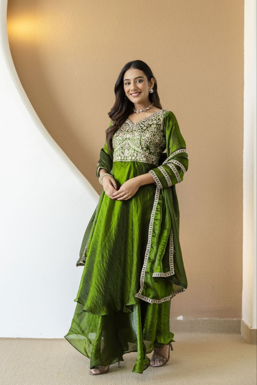 Mahendi color Fandy Silk And Embroidery Coding & Sequence Work Gown