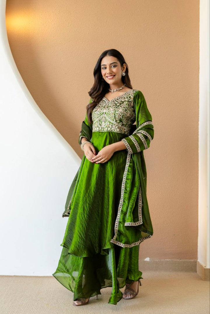 Mahendi color Fandy Silk And Embroidery Coding & Sequence Work Gown