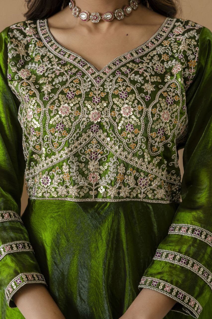 Mahendi color Fandy Silk And Embroidery Coding & Sequence Work Gown