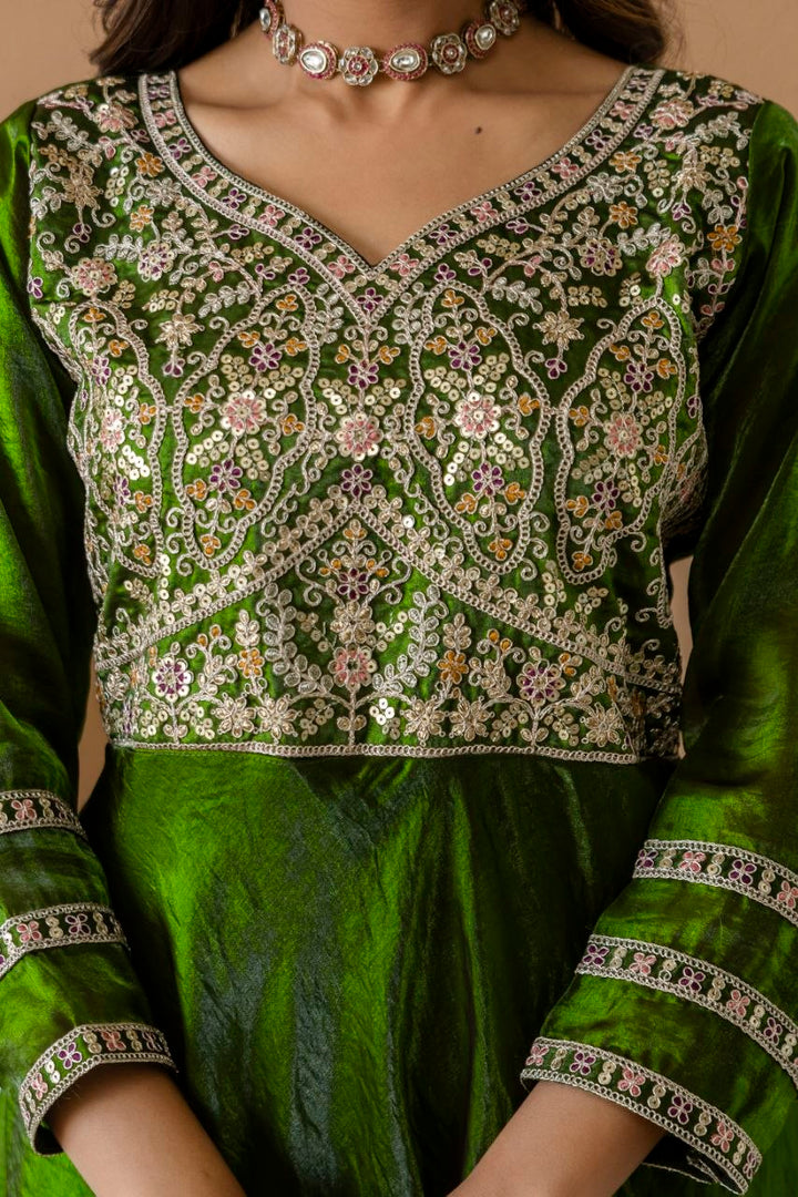 Mahendi color Fandy Silk And Embroidery Coding & Sequence Work Gown