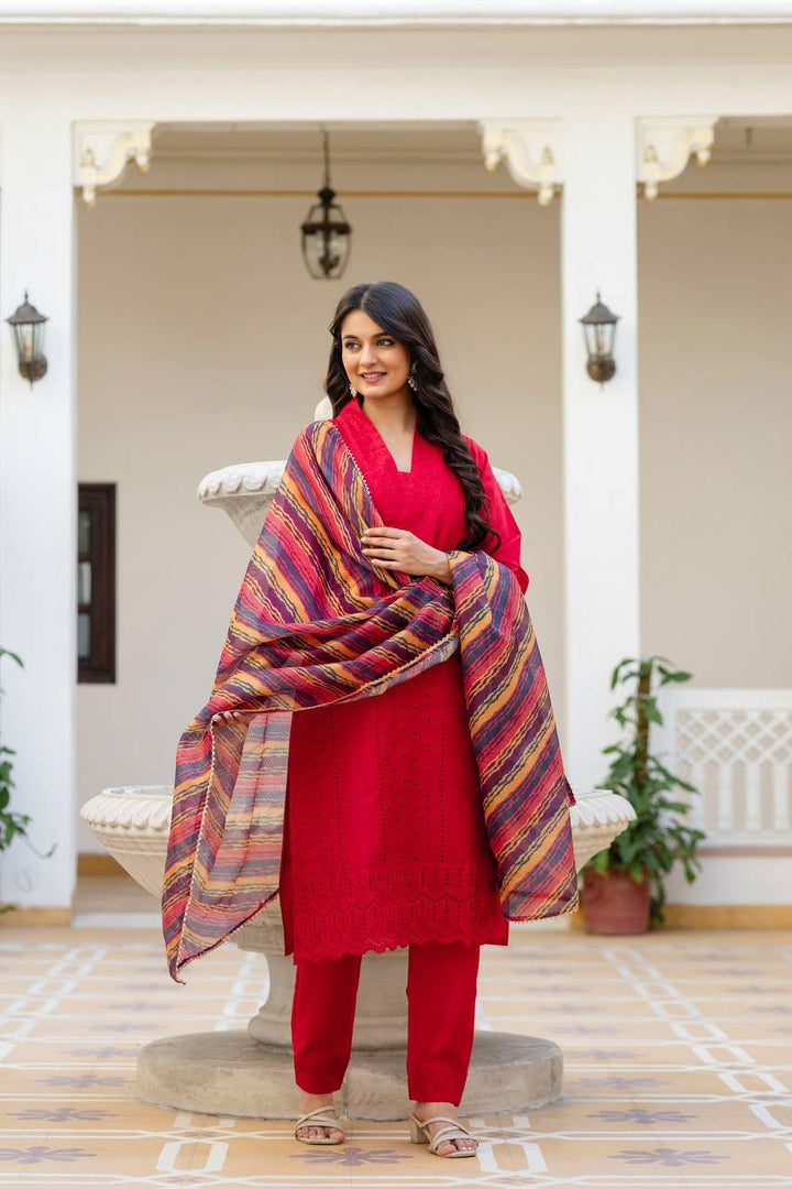 Roman Silk Red Chikan kari kurti set
