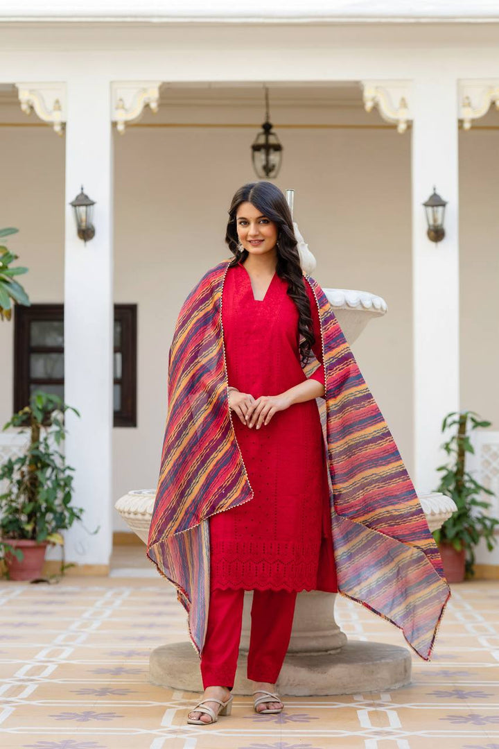 Roman Silk Red Chikan kari kurti set