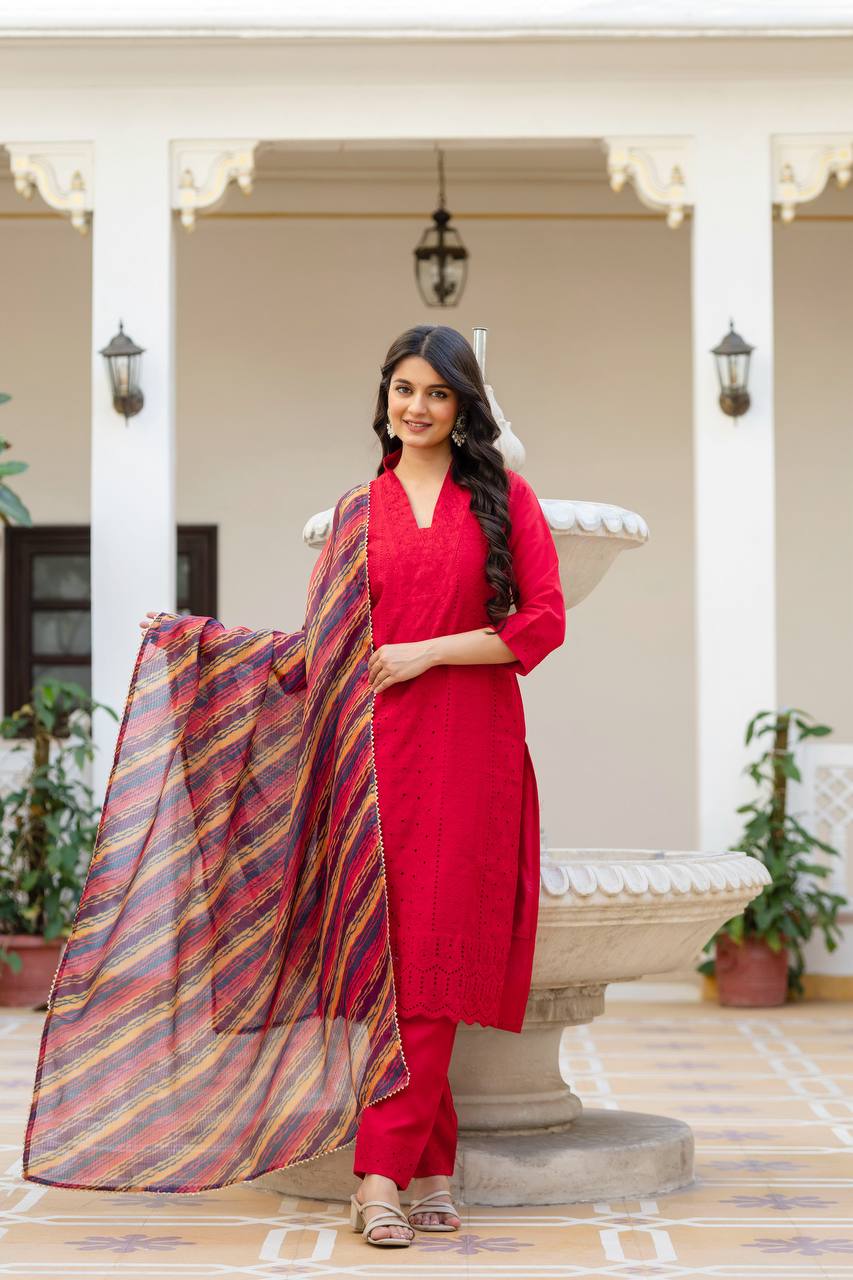 Roman Silk Red Chikan kari kurti set