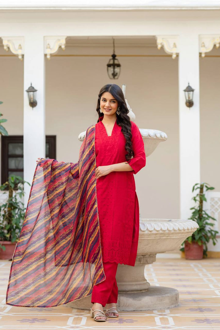 Roman Silk Red Chikan kari kurti set