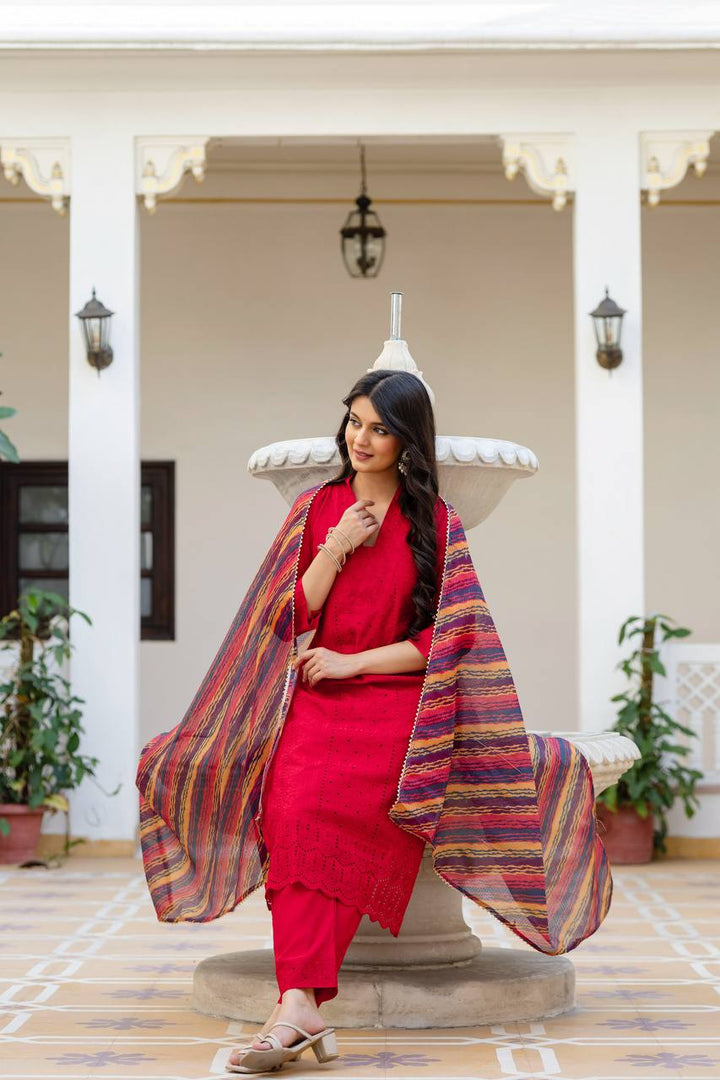Roman Silk Red Chikan kari kurti set