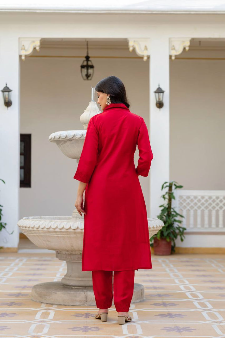 Roman Silk Red Chikan kari kurti set