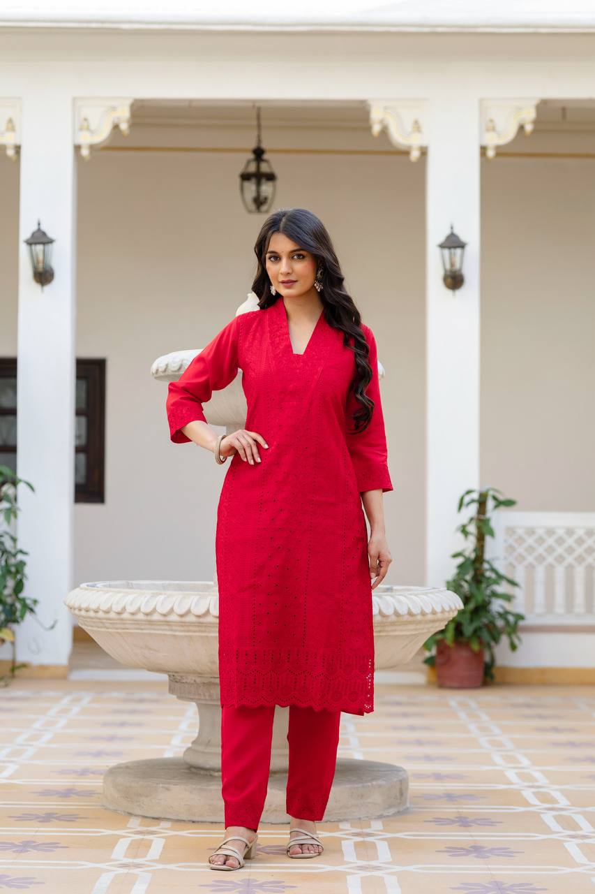 Roman Silk Red Chikan kari kurti set