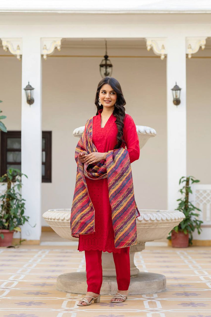 Roman Silk Red Chikan kari kurti set