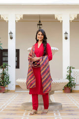 Roman Silk Red Chikan kari kurti set