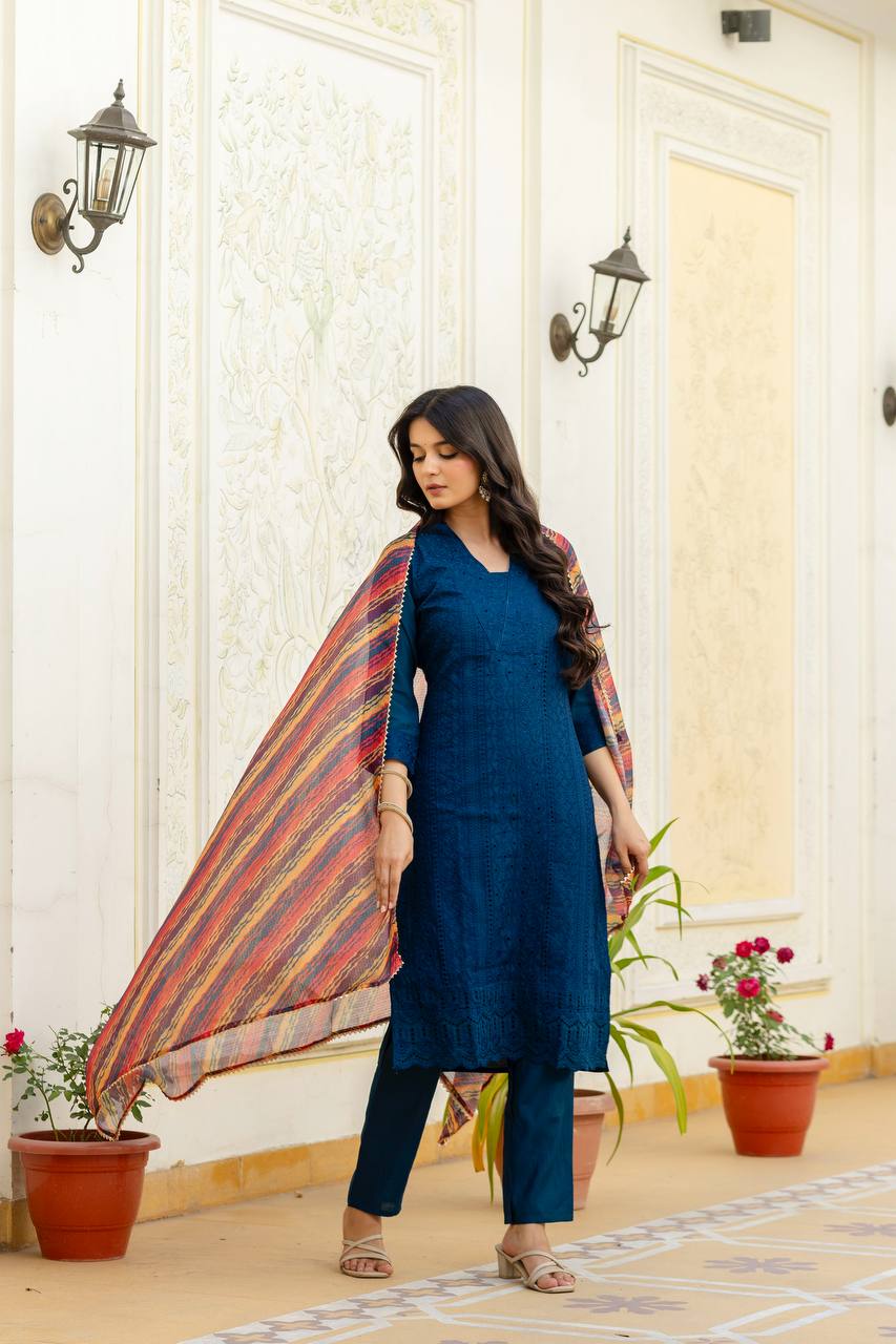 Roman Silk More Peach Chikan kari kurti set
