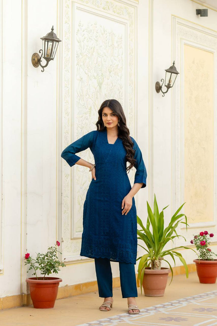 Roman Silk More Peach Chikan kari kurti set