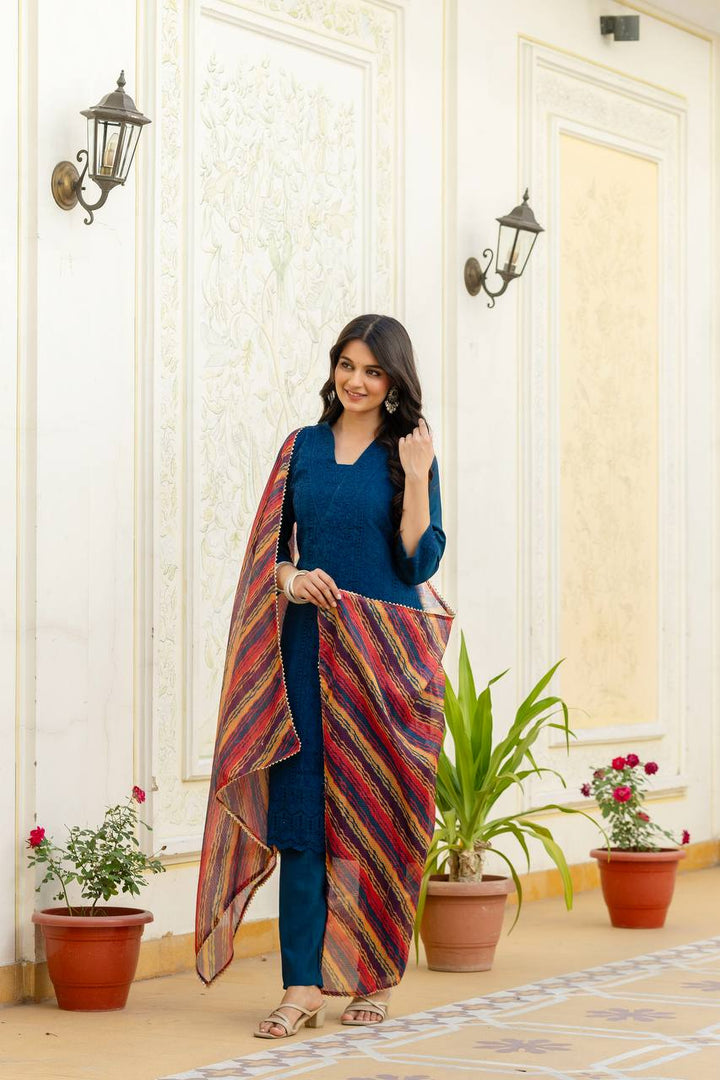 Roman Silk More Peach Chikan kari kurti set