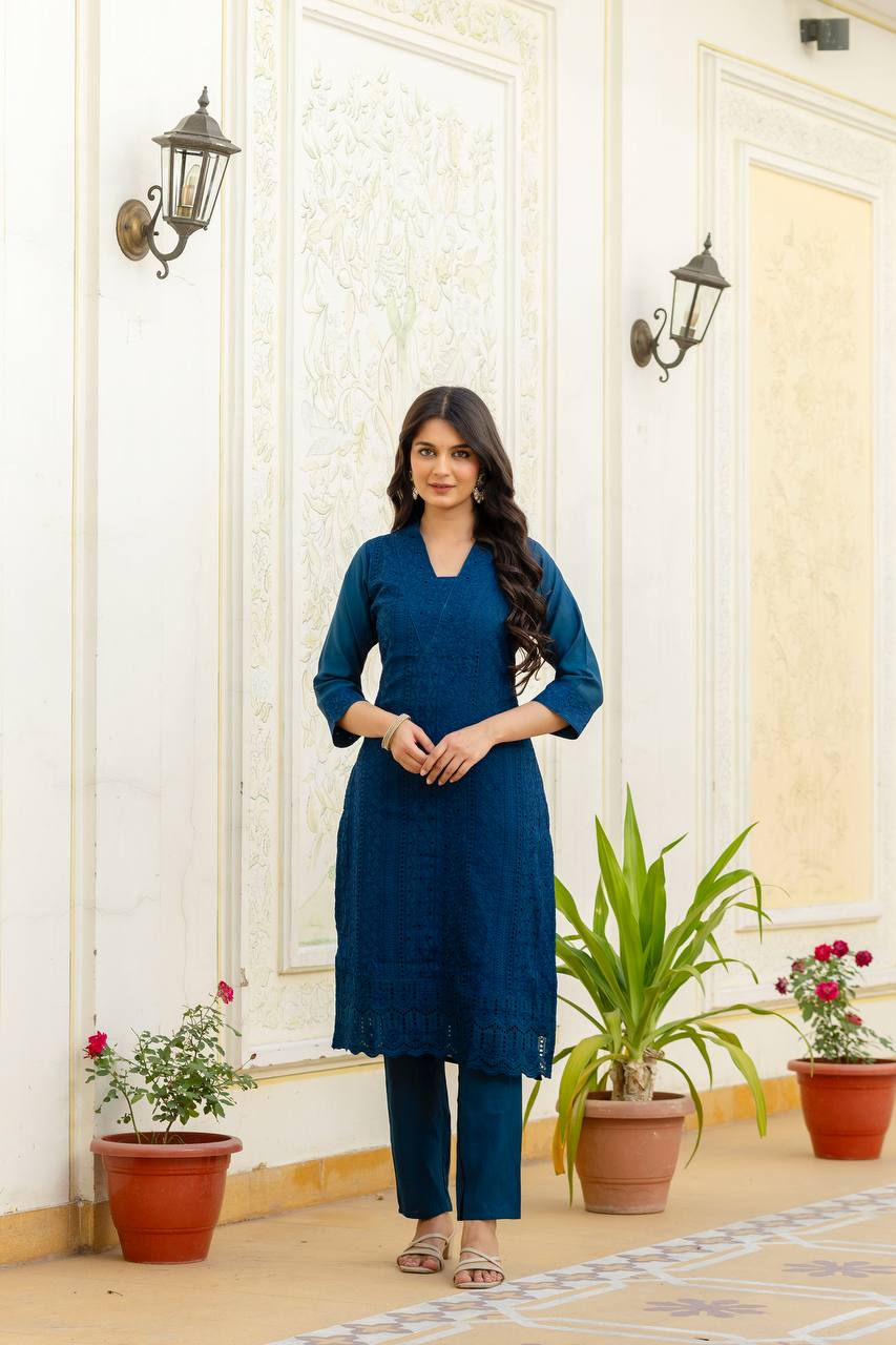 Roman Silk More Peach Chikan kari kurti set