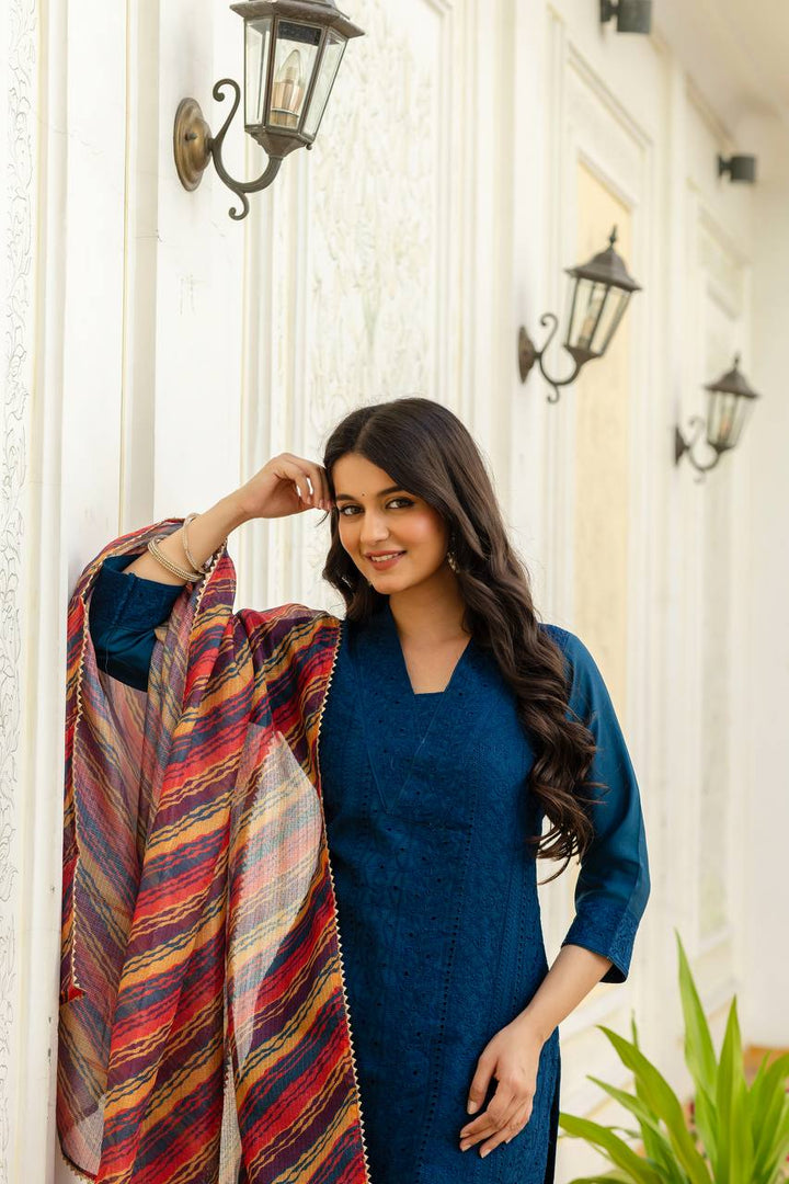 Roman Silk More Peach Chikan kari kurti set