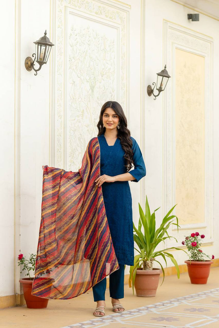 Roman Silk More Peach Chikan kari kurti set