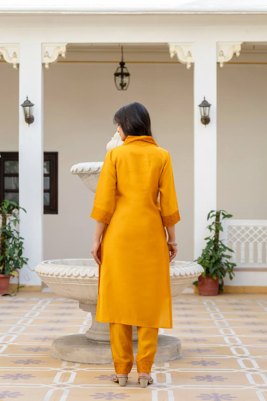 Roman Silk Yellow Chikan kari kurti set