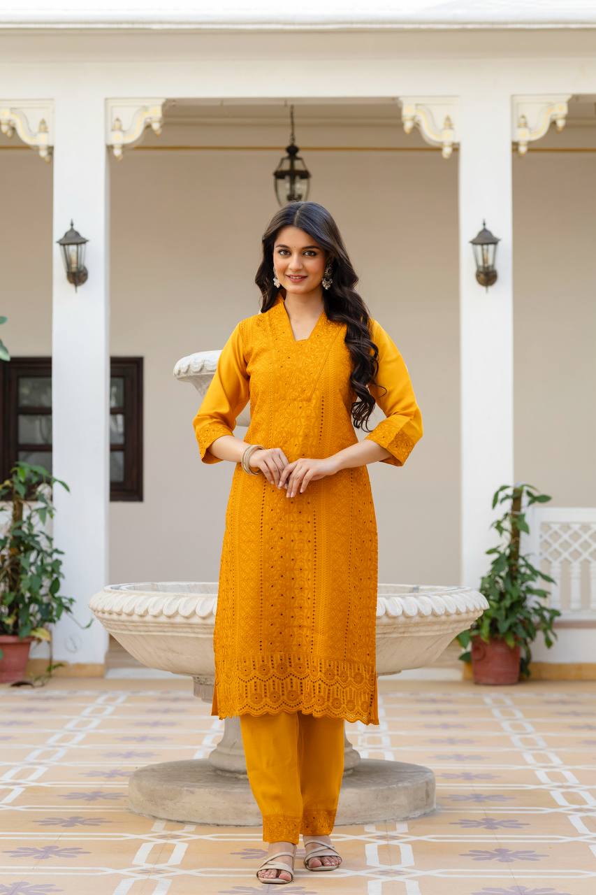 Roman Silk Yellow Chikan kari kurti set