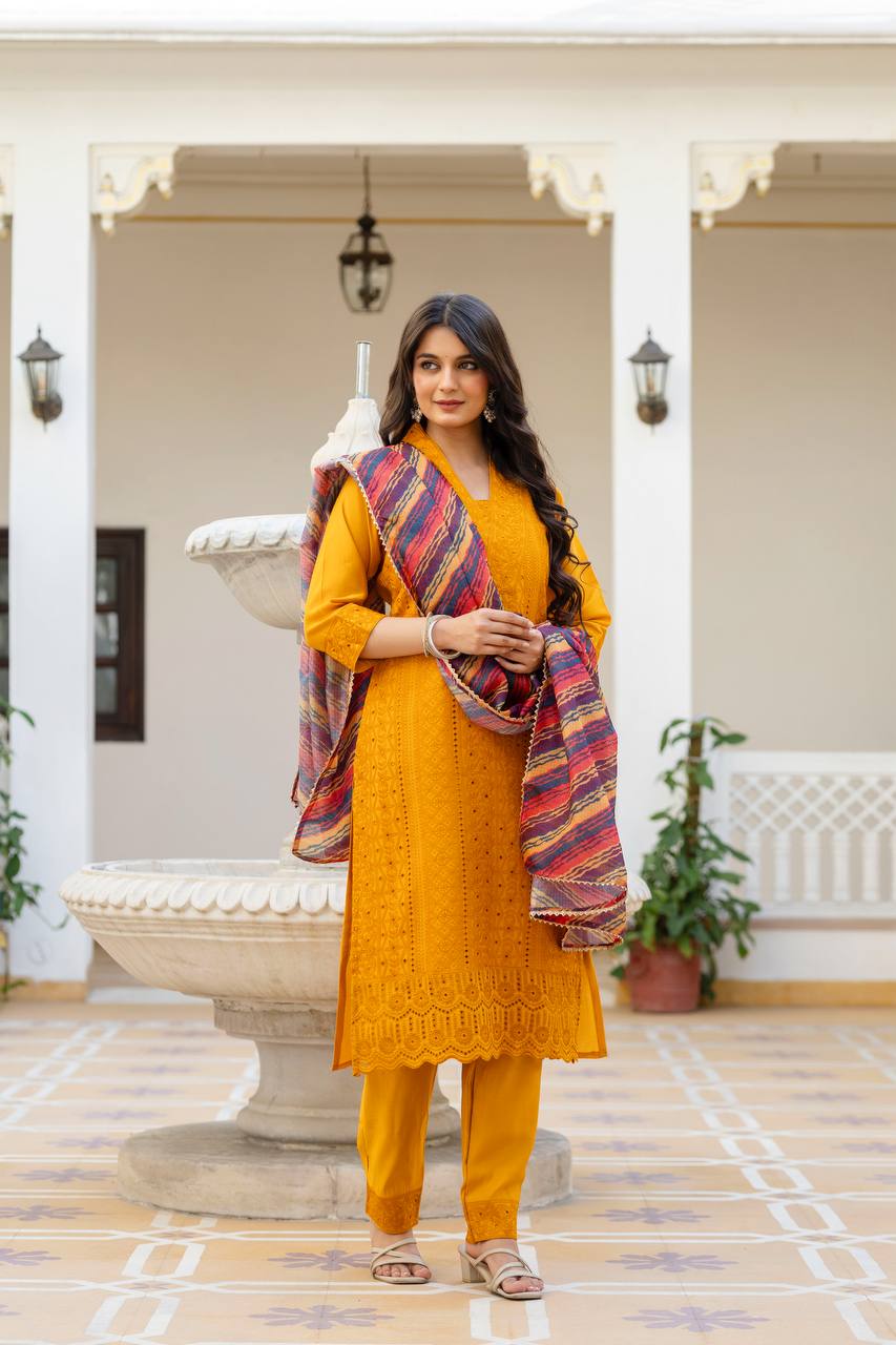 Roman Silk Yellow Chikan kari kurti set