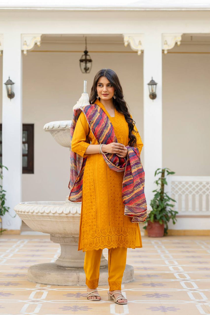 Roman Silk Yellow Chikan kari kurti set