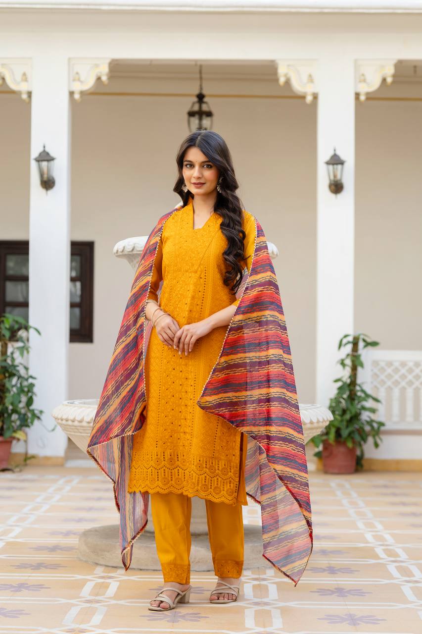 Roman Silk Yellow Chikan kari kurti set