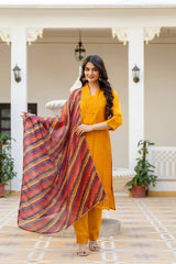Roman Silk Yellow Chikan kari kurti set