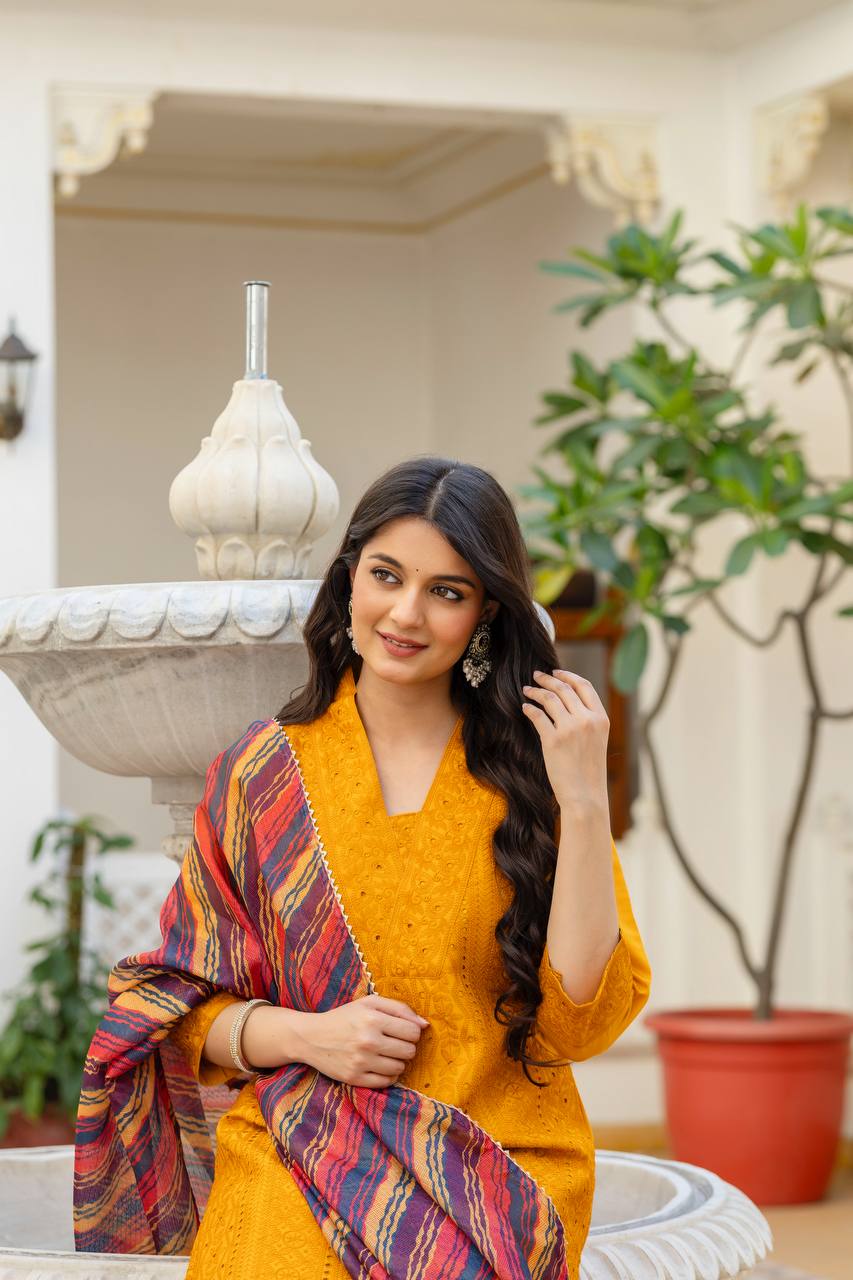 Roman Silk Yellow Chikan kari kurti set