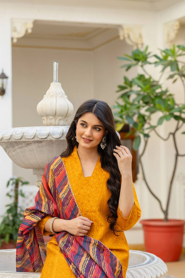 Roman Silk Yellow Chikan kari kurti set