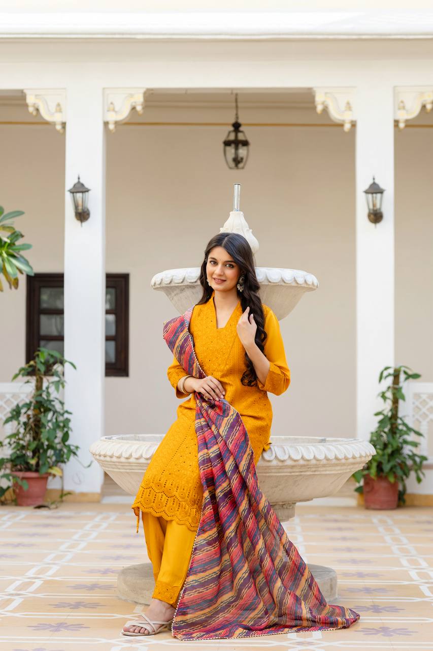 Roman Silk Yellow Chikan kari kurti set