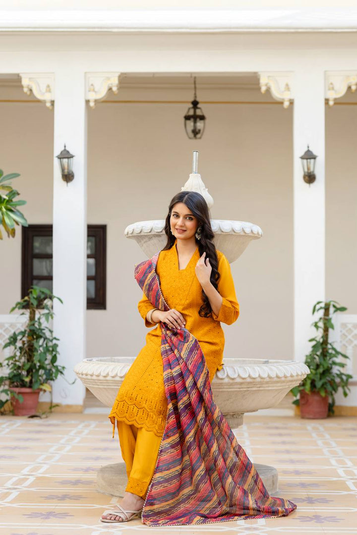 Roman Silk Yellow Chikan kari kurti set