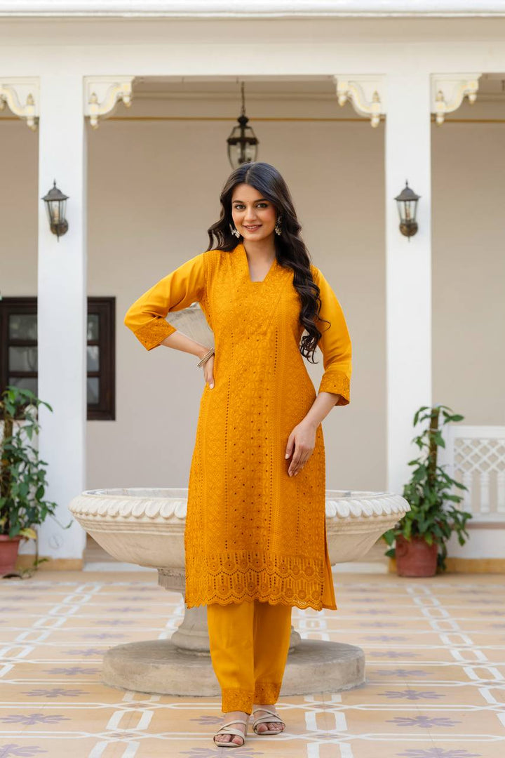 Roman Silk Yellow Chikan kari kurti set