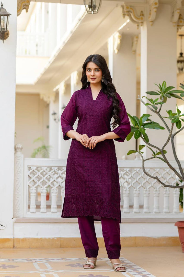 Roman Silk Wine Chikan kari kurti set