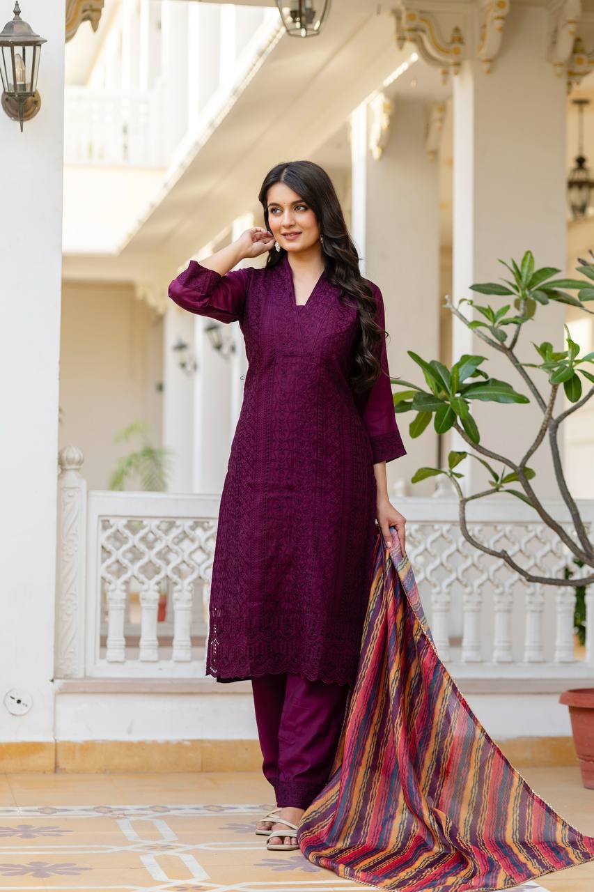 Roman Silk Wine Chikan kari kurti set
