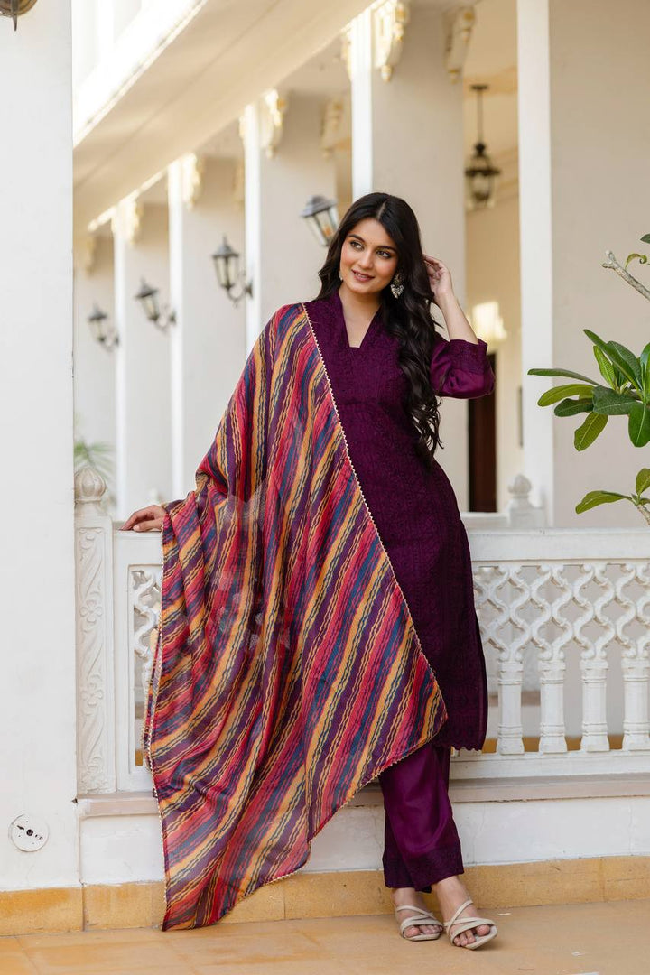 Roman Silk Wine Chikan kari kurti set