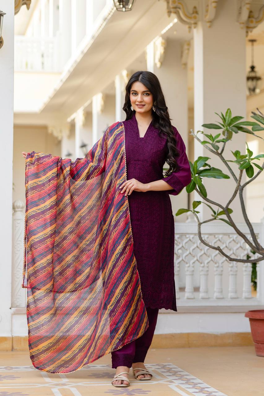 Roman Silk Wine Chikan kari kurti set