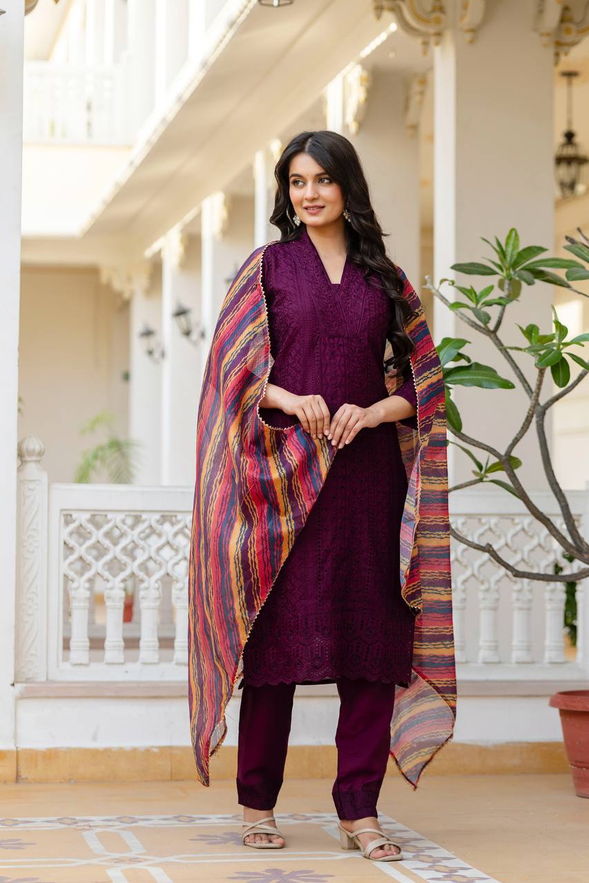 Roman Silk Wine Chikan kari kurti set