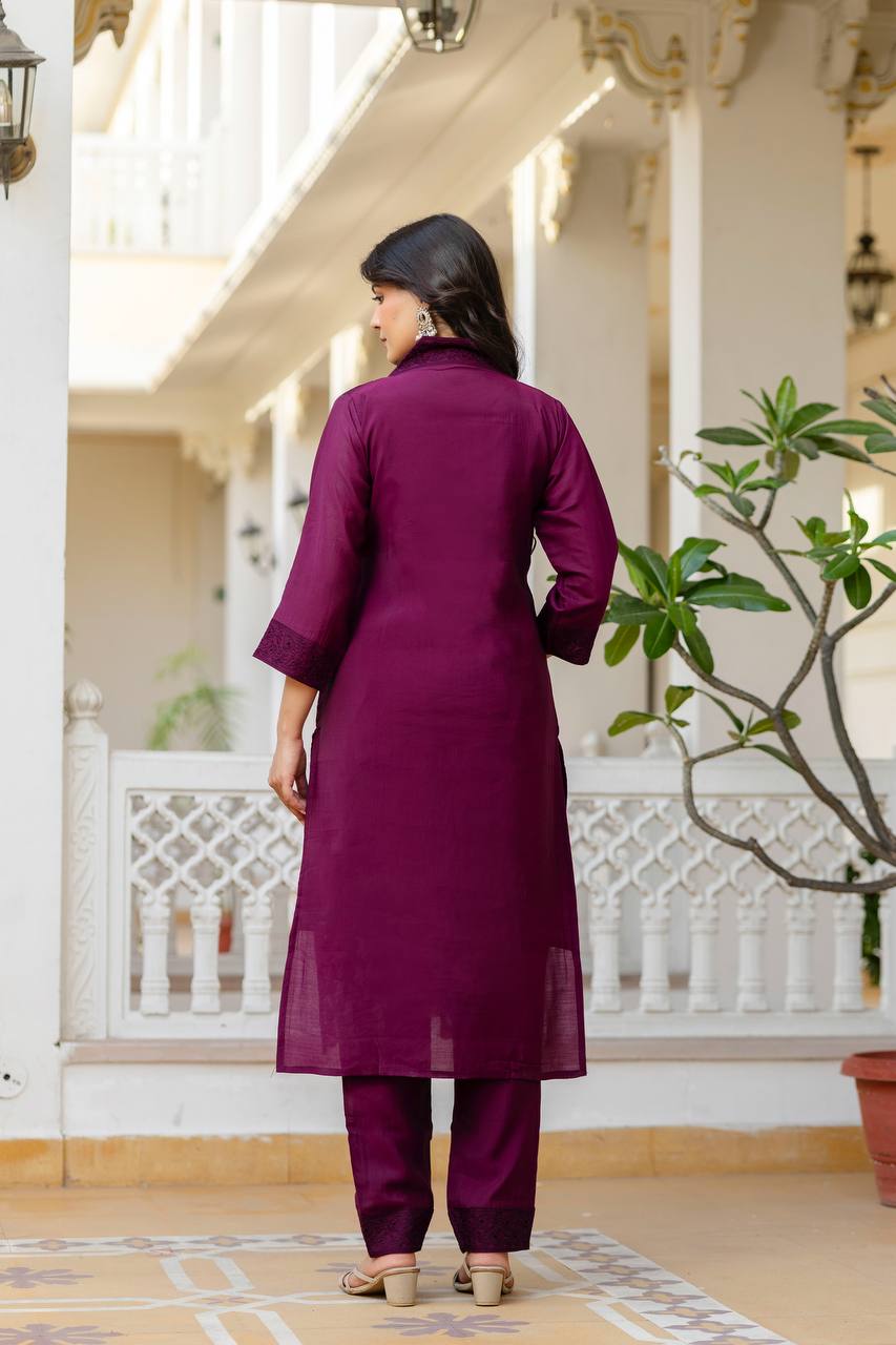 Roman Silk Wine Chikan kari kurti set