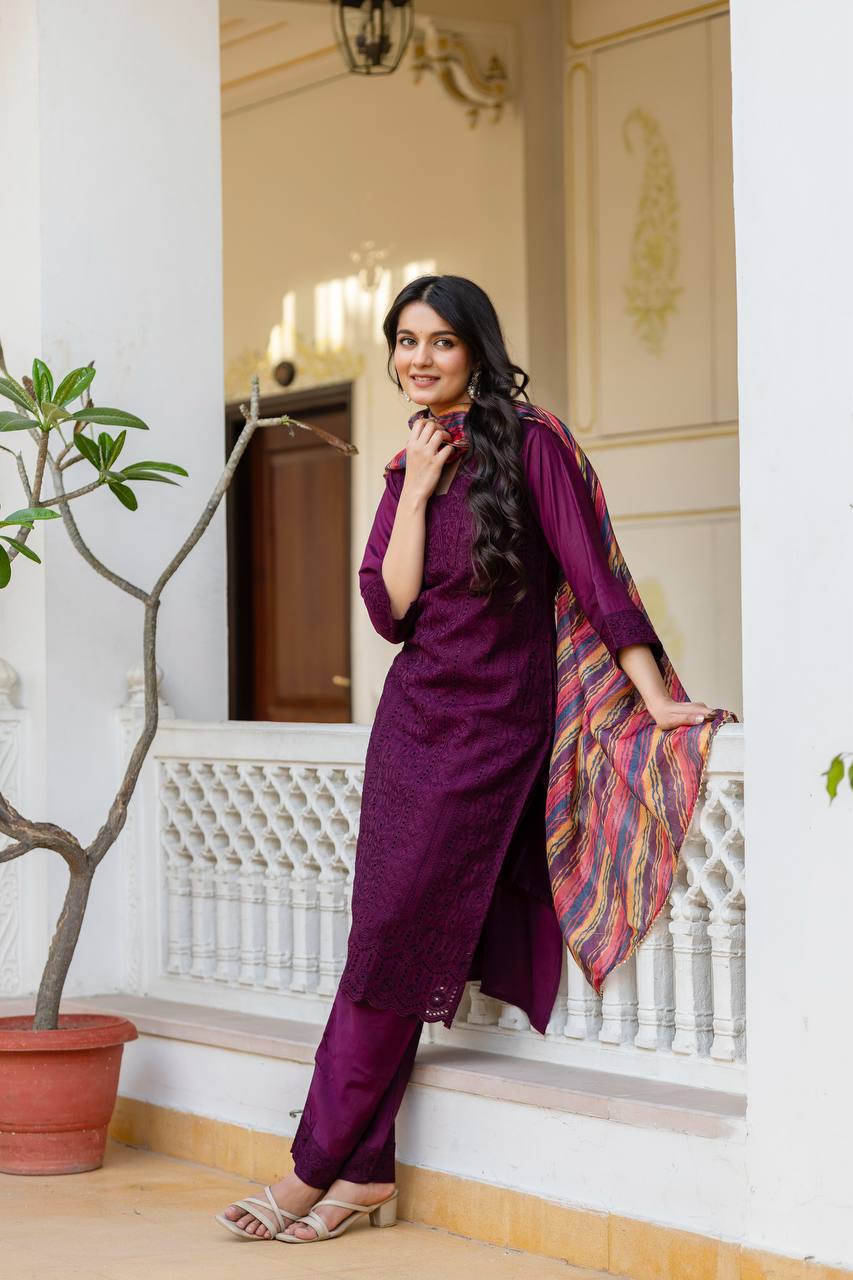 Roman Silk Wine Chikan kari kurti set