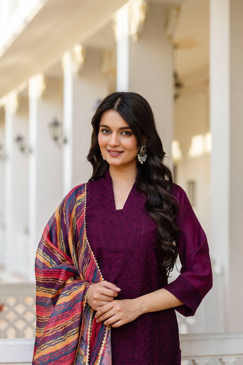 Roman Silk Wine Chikan kari kurti set