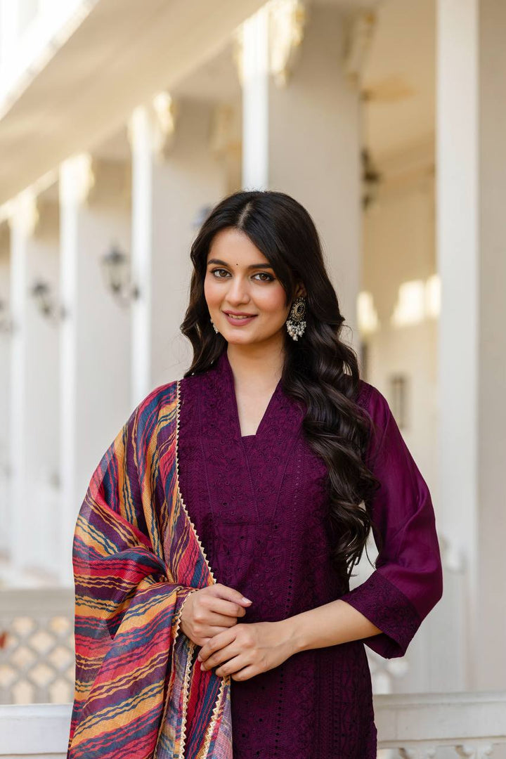 Roman Silk Wine Chikan kari kurti set