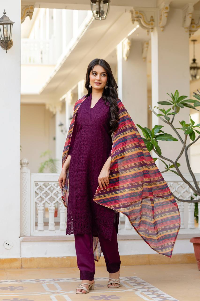 Roman Silk Wine Chikan kari kurti set