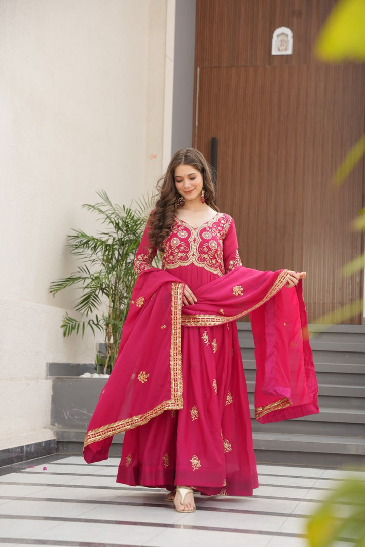 Pink Color Premium Star Georgette With Embroidery and sequnce Work Gown and Dupatta set