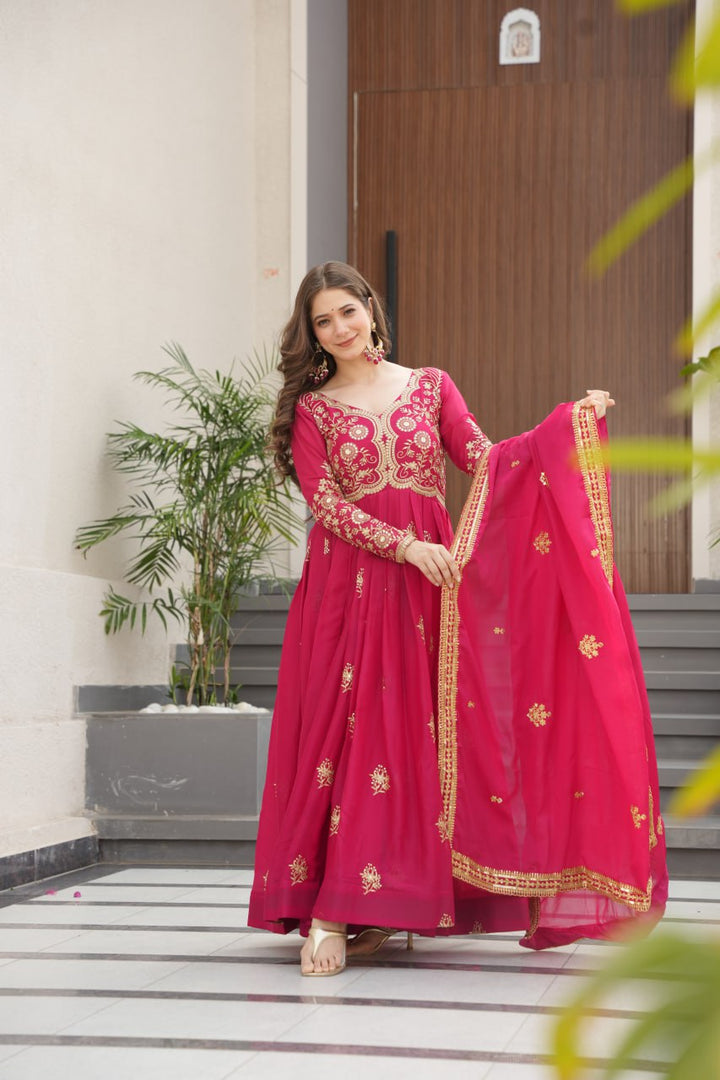 Pink Color Premium Star Georgette With Embroidery and sequnce Work Gown and Dupatta set