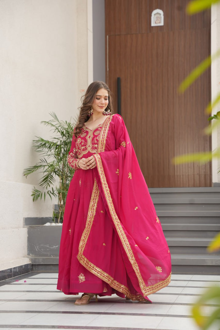 Pink Color Premium Star Georgette With Embroidery and sequnce Work Gown and Dupatta set