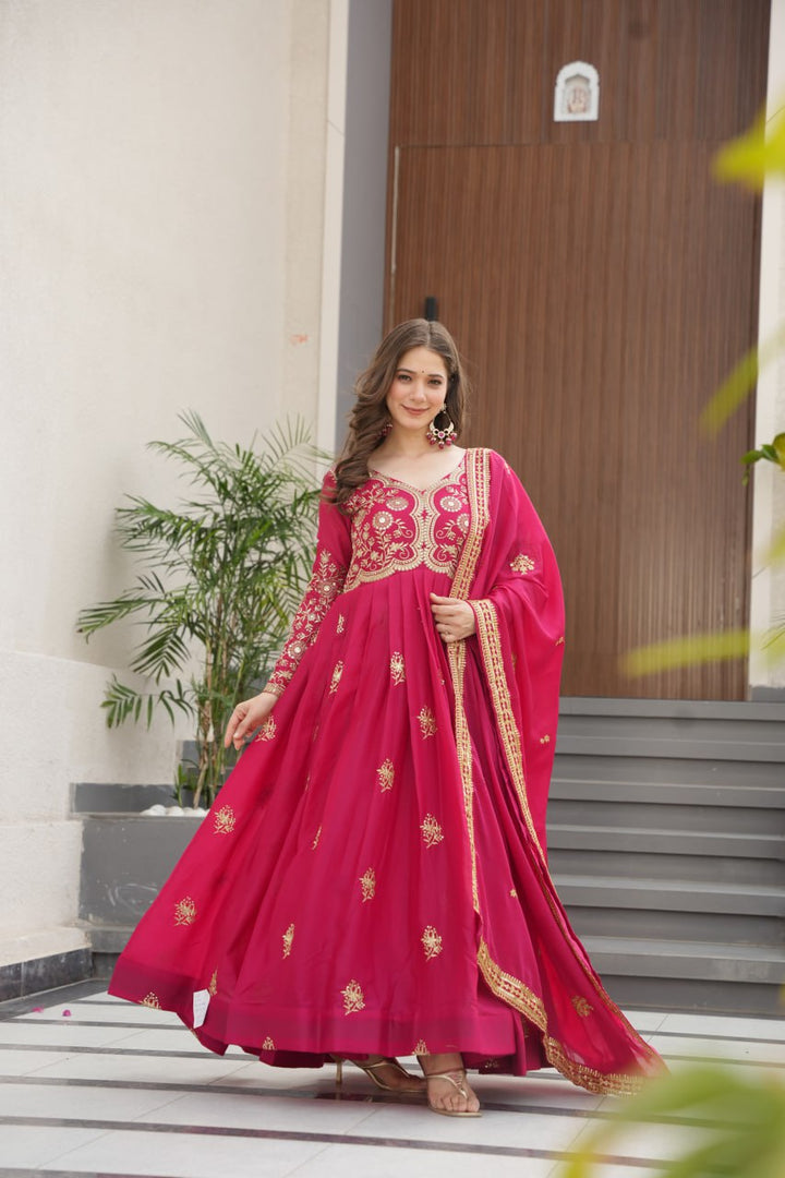 Pink Color Premium Star Georgette With Embroidery and sequnce Work Gown and Dupatta set