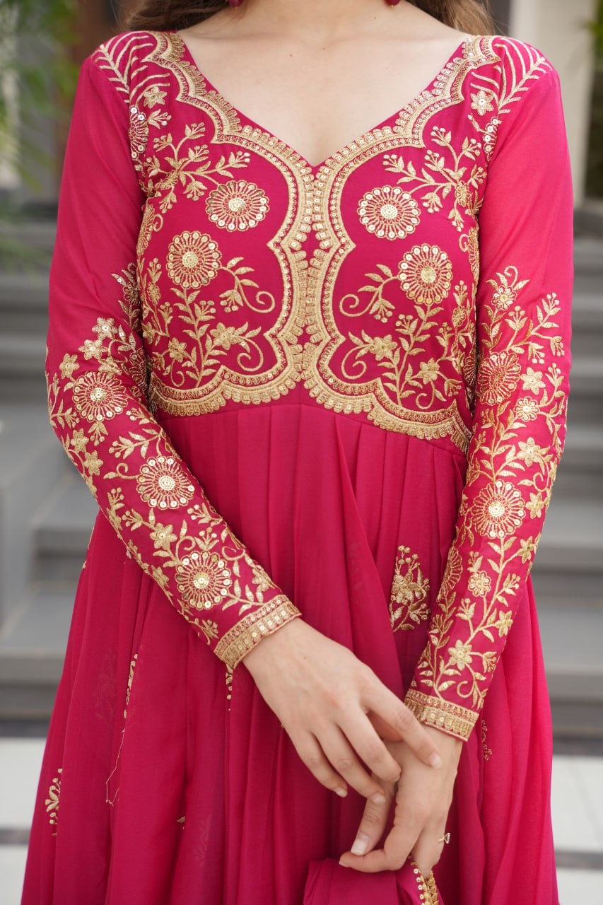 Pink Color Premium Star Georgette With Embroidery and sequnce Work Gown and Dupatta set