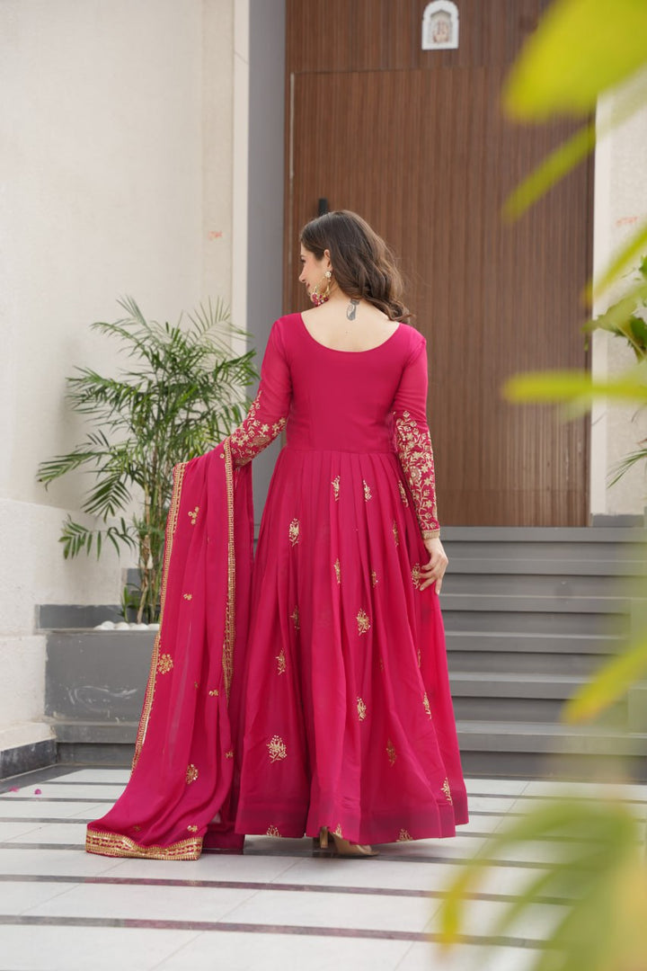 Pink Color Premium Star Georgette With Embroidery and sequnce Work Gown and Dupatta set