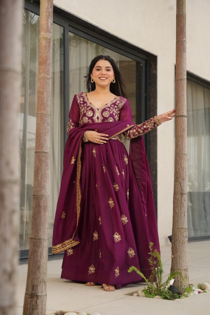 Wine Color Premium Star Georgette With Embroidery and sequnce Work Gown and Dupatta set