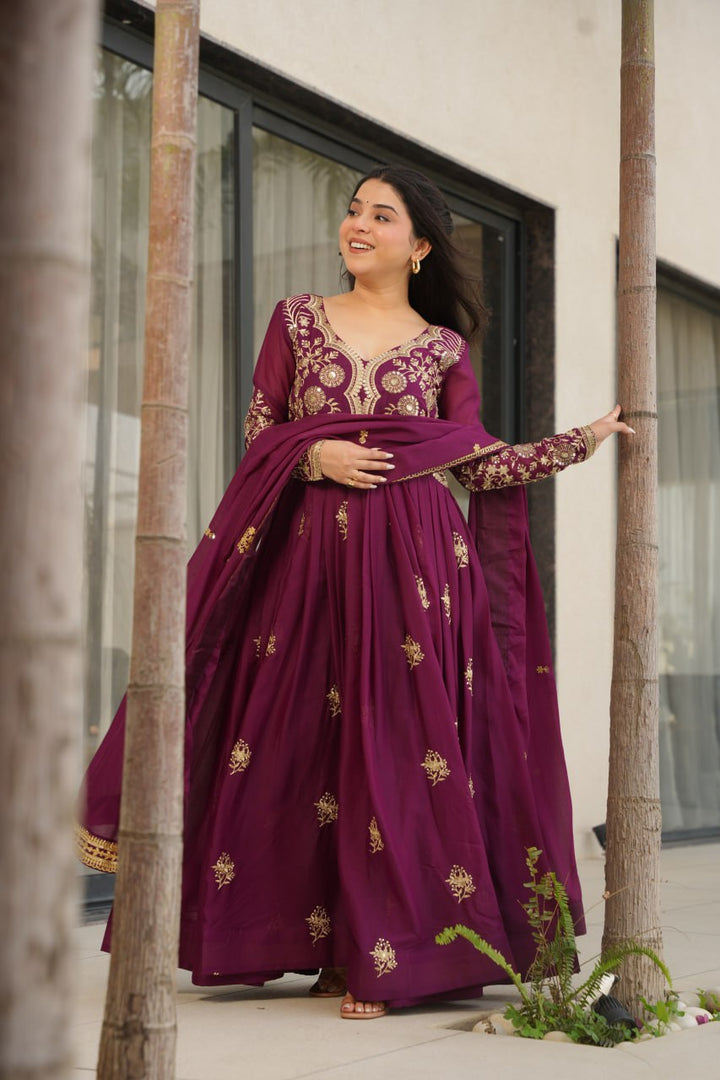 Wine Color Premium Star Georgette With Embroidery and sequnce Work Gown and Dupatta set