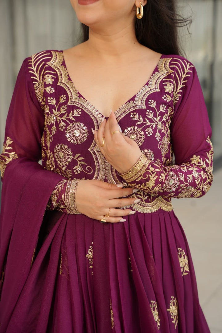 Wine Color Premium Star Georgette With Embroidery and sequnce Work Gown and Dupatta set